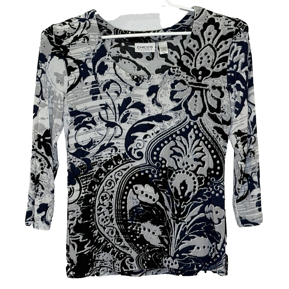 Chico's Travelers Pullover Top Womens Size‎ 0 Small Multi-color Print 3/4 Sleeve